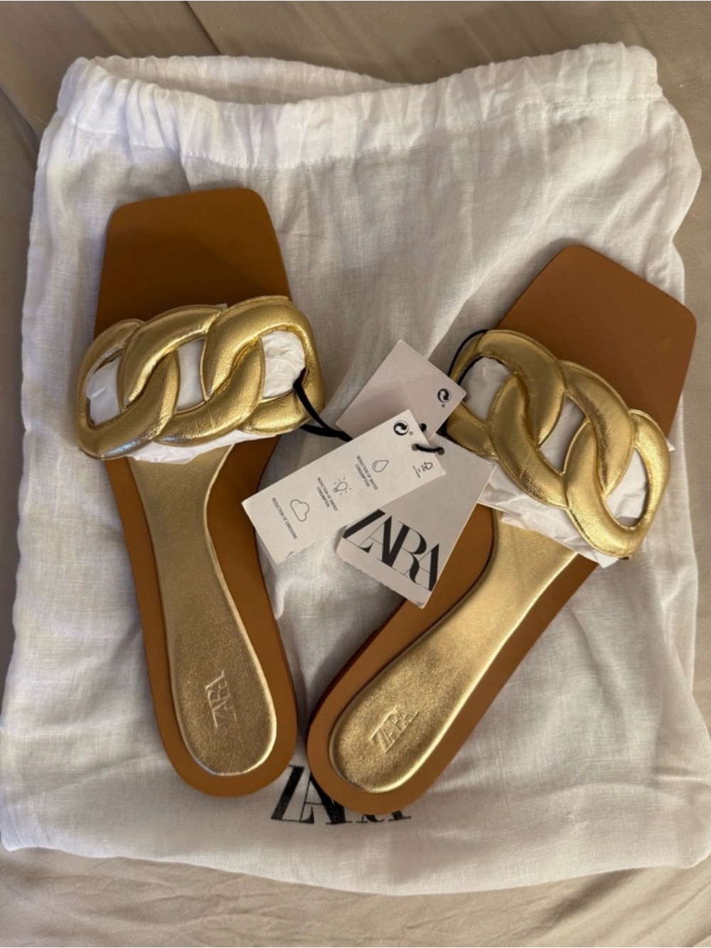 Zara Metallic Gold Braided-Chain Slide Sandals